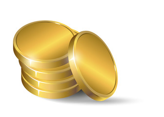 A stack of gold coins on an white background