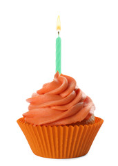 Delicious birthday cupcake with candle and orange cream isolated on white