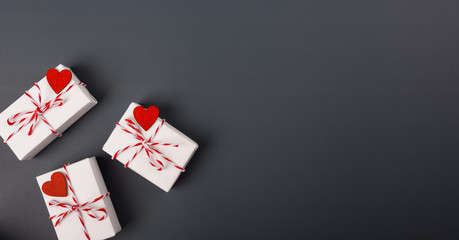 Valentine's day Concept, flat lay top view, White Gift Box and Red Heart