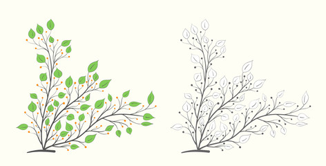 Tree branch with green leaves and orange berries in two versions on a light background