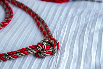 A bokeh background draws the eye to the beautiful wedding rings placed on a corded knot symbolizing...