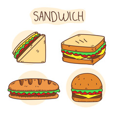 Set of different sandwich vector illustration in colorful hand drawn style isolated on white background 