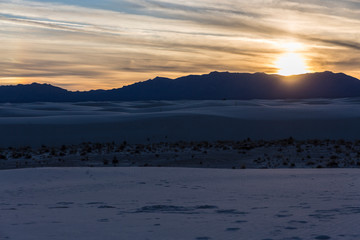 Landscape view of the sunset in White Sands National Park near Alamogordo, New Mexico.