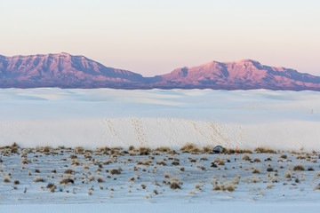 Landscape view of the sunrise in White Sands National Park near Alamogordo, New Mexico.