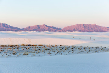 Landscape view of the sunrise in White Sands National Park near Alamogordo, New Mexico.