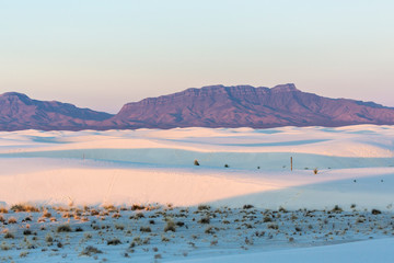Landscape view of the sunrise in White Sands National Park near Alamogordo, New Mexico.