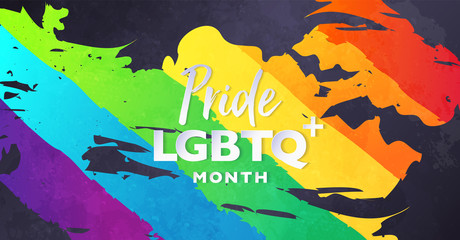Colorful LGBTQ pride month banner for festival parades and party events. Abstract rainbow flag grunge textured background with copy space. Vector illustration template.