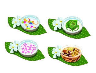 Illustration of various types of desserts, put ice in a cup, placed on a banana leaf