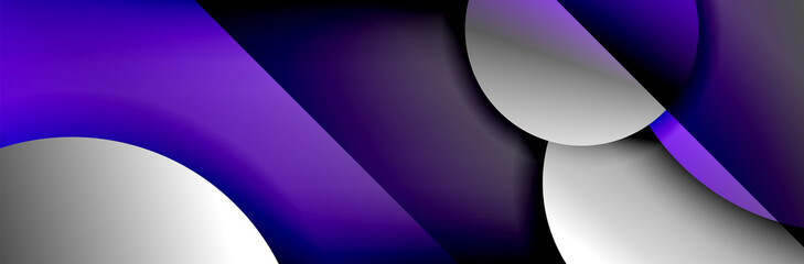 Dynamic trendy geometrical abstract background. Circles, round shapes 3d shadow effects and fluid gradients. Modern overlapping round forms