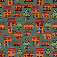 seamless pattern, fairytale houses in pastel colors, wallpaper ornament, wrapping paper