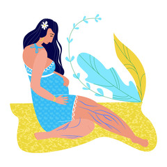 Vector flat illustration with young, attractive, pregnant woman sitting on the sand. Varicose veins are very noticeable on her legs. Concept of vascular medicine and treatment during pregnancy.