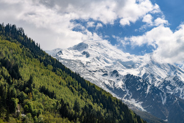 Fototapeta na wymiar when spring meets winter. landscape of the french alps from Chamonix with green and snowy mountains
