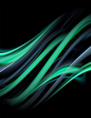 Silk smooth lines on black, liquid fluid color waves. Vector Illustration