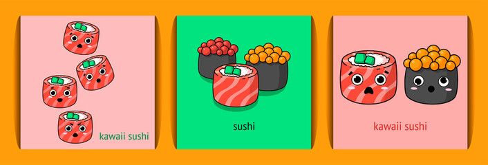 Fototapeta na wymiar three kawaii sushi illustrations