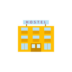 UI icon of building at vector flat styleillustration. The facade of a square building with a hotel sign, isolated on a white background. Vector image of three-storey yellow residental building.