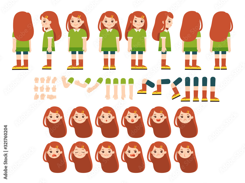 Wall mural mascot creation kit of little girl for different poses . vector constructor with various views, emot