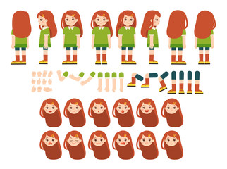 Mascot creation kit of little girl for different poses . Vector constructor with various views, emotions, poses and gestures. Schoolgirl character creation set.