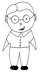 A cartoon illustration of a happy elementary teenager or age boy character with glasses.