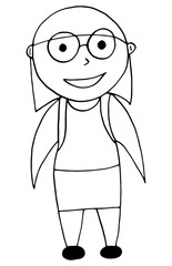 drawn vector character little girl schoolgirl with glasses and with a backpack, children's illustration.
