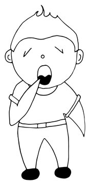 Illustration depicting a boy letting out a big yawn while stretching. In a striped shirt.