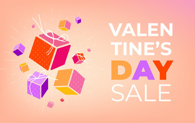 Colorful set of 3d gift boxes with thread bows and copy space in trendy 2020 colors. Valentines day sale. Present box icon, symbol with rounded corners for shopping day, February 14 sale. EPS 10