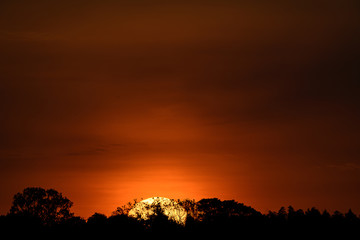 Fototapeta na wymiar sun falling down behind the forest at sunset