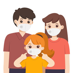 Parent and child wearing medical mask. Hygiene mask. Virus protection. Vector illustration.