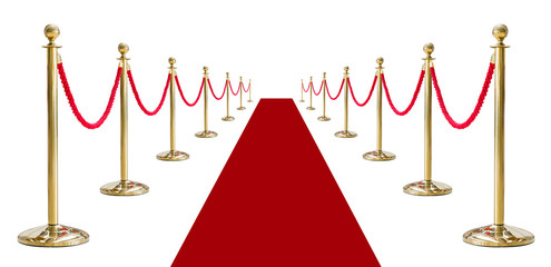golden pole barricade with red carpet isolated on white background