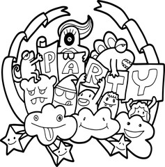 doodle party set. Vector illustration of Celebration party carnival festive icons set. Hand drawn, Sketch icons for invitation,  poster