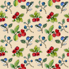 Colorful watercolor hand drawing berry seamless pattern. Ripe blueberry and cranberry. Delicious forest fruit illustration. Graphic ornament beige background.