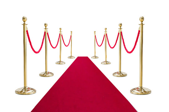 golden pole barricade with red arpet isolated on white background