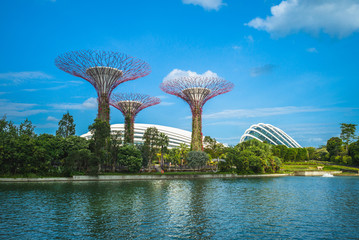 Singapore, Singapore - February 6, 2020: Scenery of Gardens by the Bay with Flower Dome, Cloud...