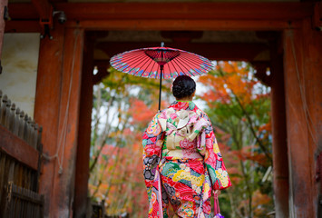 Fototapeta premium woman holding retro umbrella in old fashion style, wearing traditional or original Japanese dressed, walks in the middle of street of the village garden autumn park, travel and visit japan