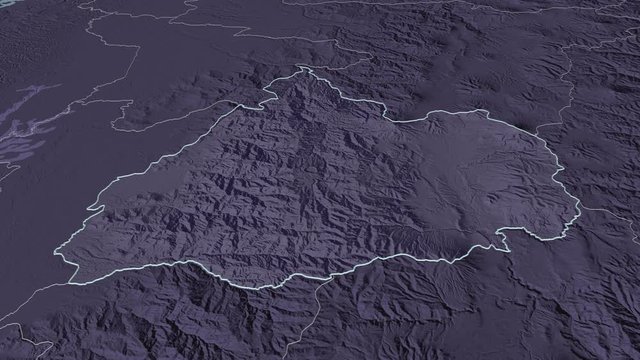 Cotopaxi, province with its capital, zoomed and extruded on the administrative map of Ecuador in the conformal Stereographic projection. Animation 3D