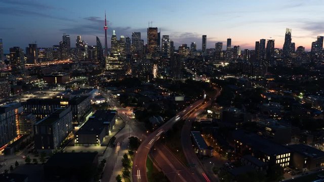 Toronto skyline at night with highways and roads