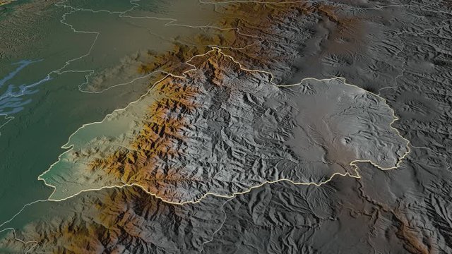 Cotopaxi, province with its capital, zoomed and extruded on the relief map of Ecuador in the conformal Stereographic projection. Animation 3D