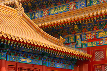 Fototapeta na wymiar Hall of Preserving Harmony detail of painted wood building and tiled roof Forbidden City Beijing