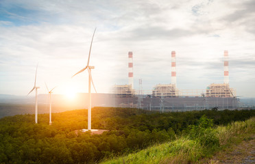 Clean energy from wind turbines and power plant background