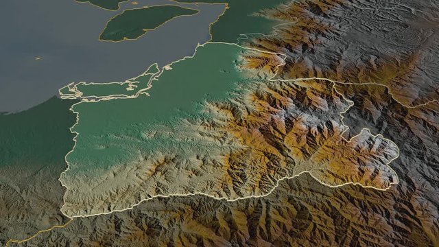 El Oro, province with its capital, zoomed and extruded on the relief map of Ecuador in the conformal Stereographic projection. Animation 3D