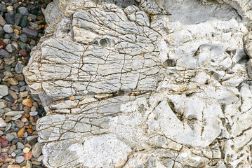 Big roundish bright gray colored, textured eroded rock, framed by gravel pebbles at a coastline in the Philippines. 