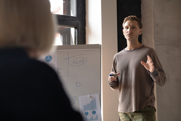 Ceo reporting company financial sales results at group meeting