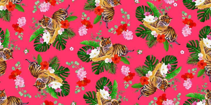 Seamless Tropical Pattern With Tigers And Bunch Of Hibiscus Flowers And Leaves