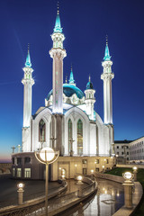 Fototapeta na wymiar Kazan, Republic of Tatarstan, Russia. View of the Kazan Kremlin with Qolsharif Mosque in the center with night lights.