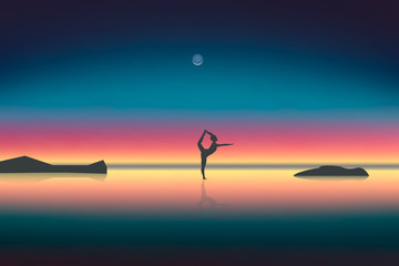 silhouette of a girl with a reflection on the sand, in a yoga stand on the beach or ocean on the background of a beautiful sunset. Theme of healthy lifestyle and relaxation.