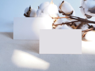 Mockup of two horizontal business cards with cotton flowers on fabric background. Mockup scene. Template for branding identity.