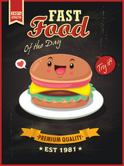 Vintage food poster design with burger character.