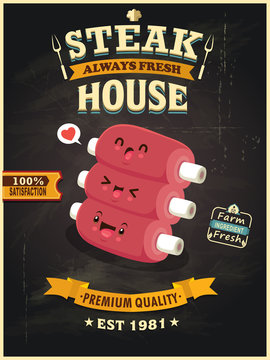 Naklejki Vintage Meat poster design with vector ribs character. 