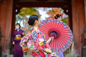 woman holding retro umbrella in old fashion style, wearing traditional or original Japanese dressed, walks in the middle of street of the village garden autumn park, travel and visit japan