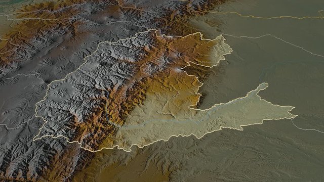 Napo, province with its capital, zoomed and extruded on the relief map of Ecuador in the conformal Stereographic projection. Animation 3D
