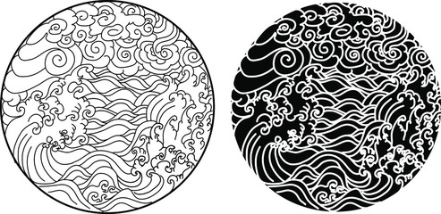 Line art and silhouette ocean wave in circle.Silhouette japanese wave circle tattoo.